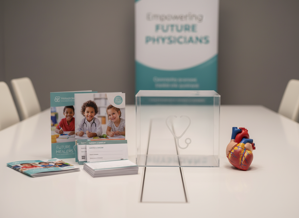A carefully arranged set of donation and outreach materials on a minimalist white conference table: a polished acrylic donation box with a subtle etched heart-and-stethoscope logo, brochures featuring children’s medical education imagery, and neatly stacked pledge cards with clean, modern design. A small, high-quality model of a human heart in realistic colors sits beside the materials, acting as a visual focal point. The background shows a blurred banner stand with the words “Empowering Future Physicians” in a calm teal color palette. Soft, even studio lighting minimizes shadows and creates gentle reflections on the acrylic surfaces. Photographic realism, framed in a centered, eye-level composition, conveys trust, professionalism, and impact for a nonprofit dedicated to supporting kids’ medical journeys.