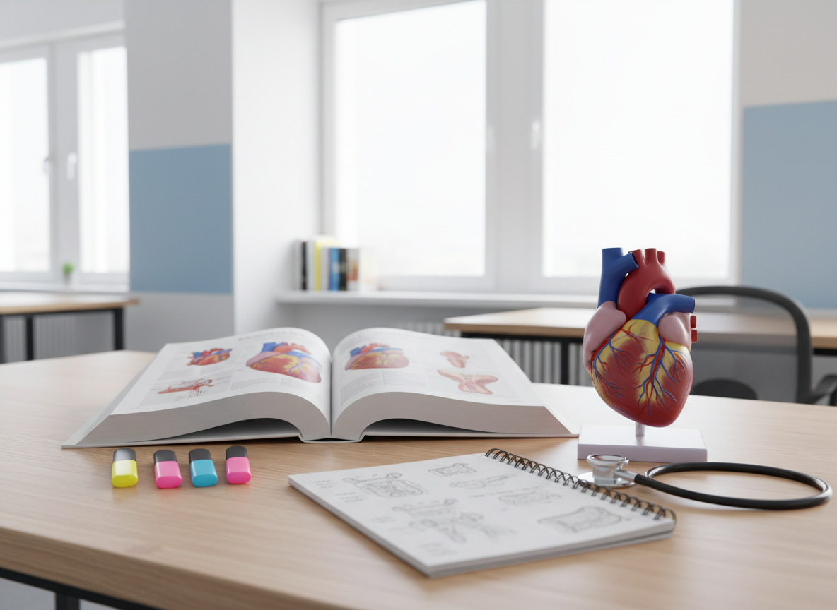 A meticulously organized study table featuring an open, full-color pediatric anatomy textbook and a realistic silicone heart model with clearly defined ventricles and arteries. The table surface is a light maple wood, uncluttered except for neatly arranged highlighters, a stethoscope, and an open notebook with tidy, handwritten diagrams. The setting is a bright, modern learning space with white walls and soft blue accents, large windows letting in diffused daylight that casts gentle, natural shadows. Photographic realism, shot at eye level with a shallow depth of field, keeps the book and heart model in crisp focus while the background softly blurs. The mood is professional yet hopeful, suggesting focused preparation for a future in medicine within a clean, modern educational environment.