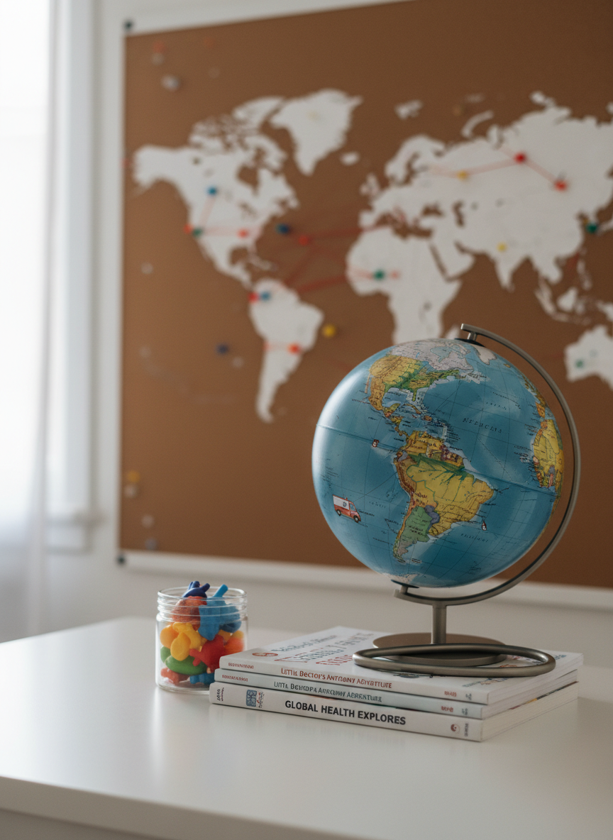 A globe with a slightly matte finish, turned to highlight multiple continents, sits on a smooth white desk beside a stack of neatly arranged medical-themed children’s workbooks and a small transparent container filled with colorful, kid-sized anatomical model pieces. Thin, modern metallic bookends shaped like simplified stethoscopes frame the books. In the background, intentionally blurred, is a large wall map pin-board with tiny flags marking locations around the world. Soft, diffused daylight from a nearby window creates subtle reflections on the globe’s surface and gentle shadows beneath the objects. Photographic realism, captured from an eye-level perspective with shallow depth of field, conveys a calm, aspirational atmosphere that emphasizes global outreach and support for children everywhere who dream of becoming doctors.
