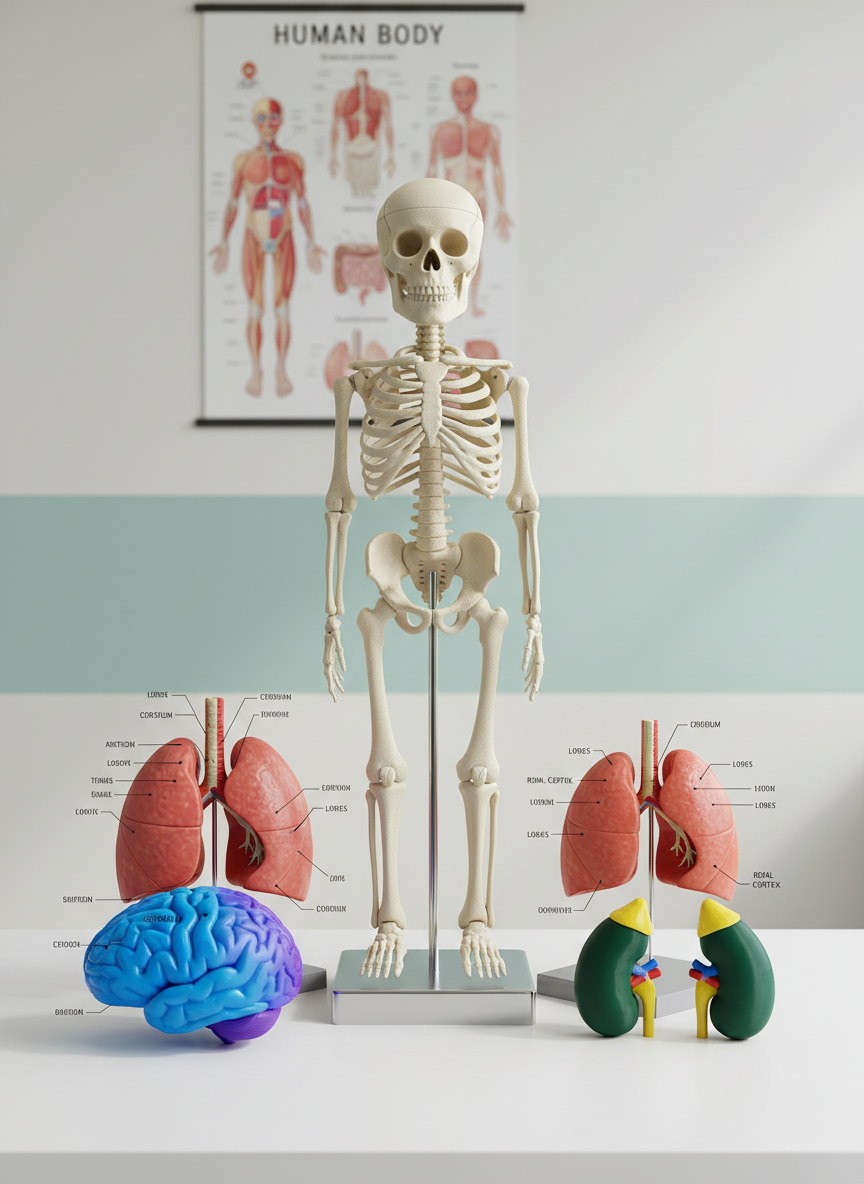 A clean white lab bench displaying a complete pediatric-sized skeleton model, rendered in smooth off-white plastic with subtle texture, standing upright on a chrome support base. Surrounding it are labeled 3D-printed models of a brain, lungs, and kidneys in vivid but tasteful educational colors, each with fine anatomical detail. The background shows a modern classroom wall with a large, simplified anatomy poster and light teal accent paint. Soft studio lighting from above and slightly to the side creates delicate highlights on the curved bones and models, with minimal, controlled shadows. Photographic realism, captured from a slightly elevated angle with sharp focus throughout, conveys clarity, precision, and an inviting, professional atmosphere ideal for hands-on medical education for kids.