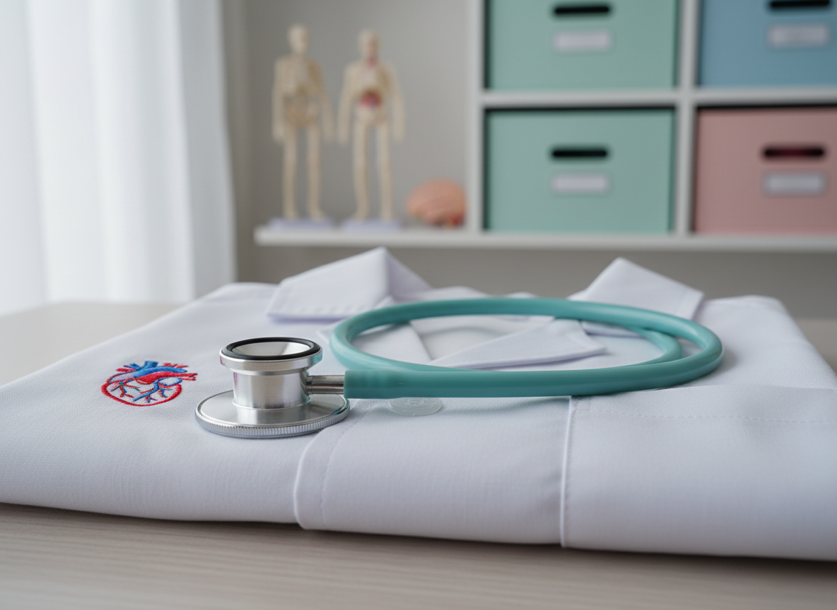 A close-up of a high-quality, kid-sized stethoscope with a teal rubber tube and brushed stainless-steel chest piece resting coiled atop a crisp, folded white lab coat embroidered only with a simple heart-and-artery icon. The fabric texture of the coat is finely detailed, with subtle creases and soft shadows in its folds. They are placed on a neutral light-wood surface with a faint grain pattern. Background elements are softly blurred: a wall shelf with anatomical models and neatly arranged storage boxes in soothing pastel tones. Gentle, directional window light from the left creates soft highlights on the metal chest piece and a calm, professional mood. Photographic realism, shot at a low, intimate angle with shallow depth of field, symbolizes aspiration and the early stages of a medical journey.
