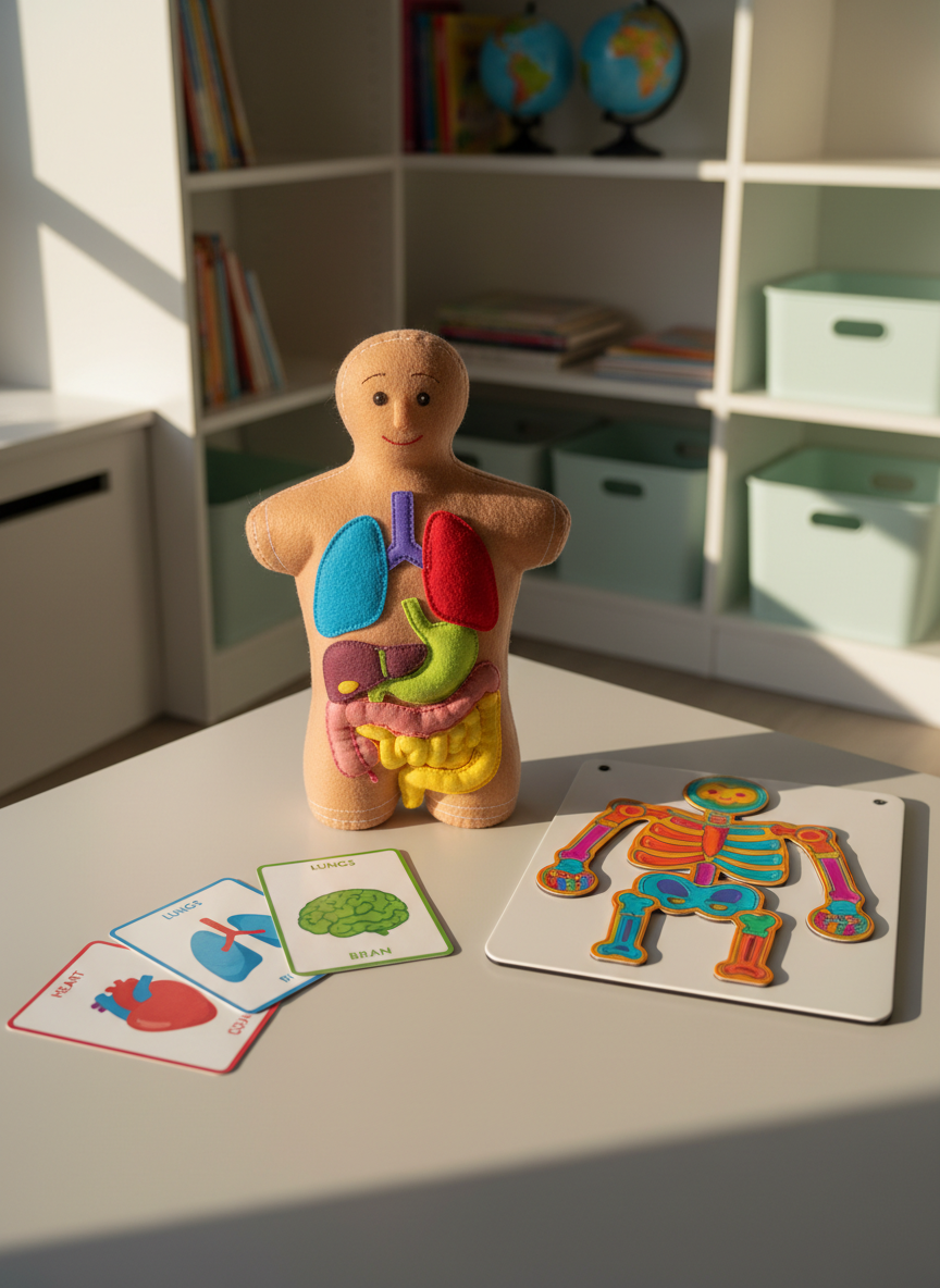 A set of child-friendly anatomy learning kits laid out on a smooth, pale gray table: a plush fabric torso with removable felt organs, brightly colored magnetic anatomy puzzle pieces, and laminated flashcards showing simplified organs with clear labels. Each material is highly detailed, from the soft stitching on the plush to the satin sheen on laminated cards. The environment is a modern, minimal learning corner with built-in white shelving in the softly blurred background holding more educational materials and storage bins. Natural afternoon light streams in from an unseen window to the left, creating a warm yet professional glow. Photographic realism, shot from a three-quarter overhead angle, uses the rule of thirds to balance the playful materials with the clean space, evoking encouragement and accessibility in medical education.