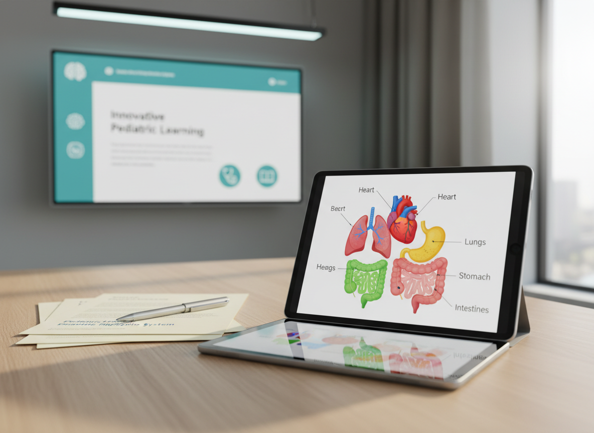 A modern digital tablet lying on a tidy, light oak desk, its screen displaying a vibrant, interactive pediatric anatomy diagram with color-coded organs and simple labels. Next to it are neatly stacked printed lesson plans with professional typography and a sleek pen resting on top. In the softly blurred background, a large wall-mounted monitor shows a paused slide from a medical education presentation with clean icons and a subtle teal-and-white color scheme. Gentle, cool-toned overhead lighting is balanced by soft window light from the right, giving the scene a bright but not harsh appearance. Photographic realism, shot from a slightly elevated angle, emphasizes clarity and organization, creating a focused, forward-looking mood aligned with tech-enabled, student-led medical education.
